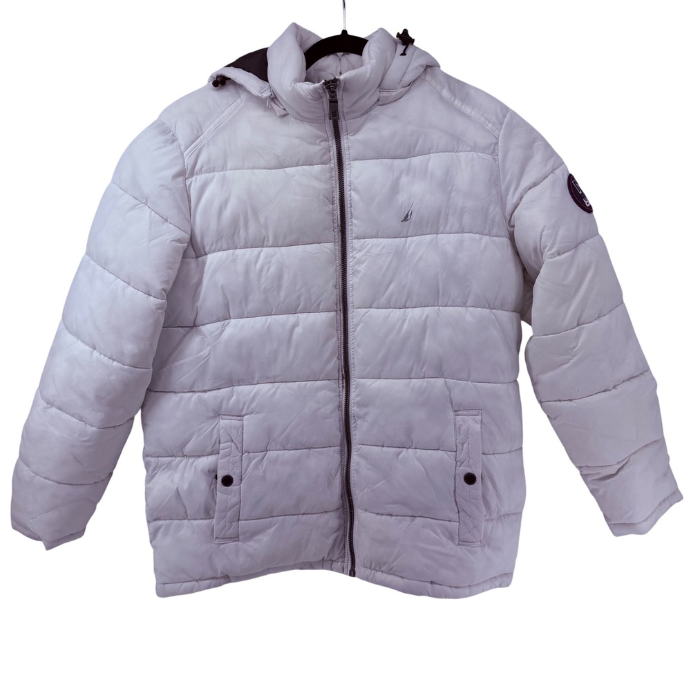 Nautica Mens N83 Puffer Jacket White Hooded Water Resistant Quilted Coat Large